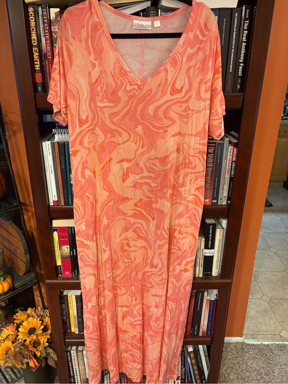 Belle by Kim Gravel Coral and Peach Swirl V-Neck Maxi Dress 1X Tall